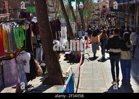 Madrid, Spain, March 14. 2021: El Ratro flea market. People strolling through Spain`s largest flea market Stock Photo